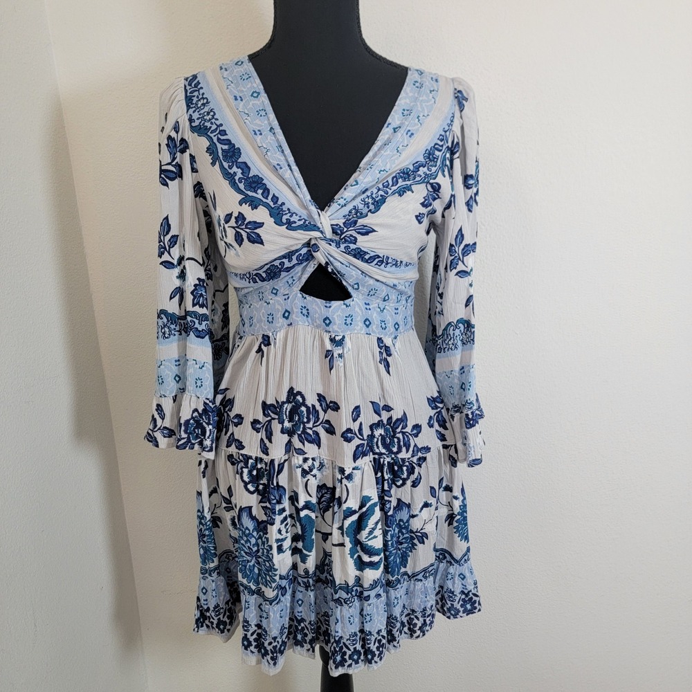 Angie Blue and White Floral Twist-Front Mini Dress